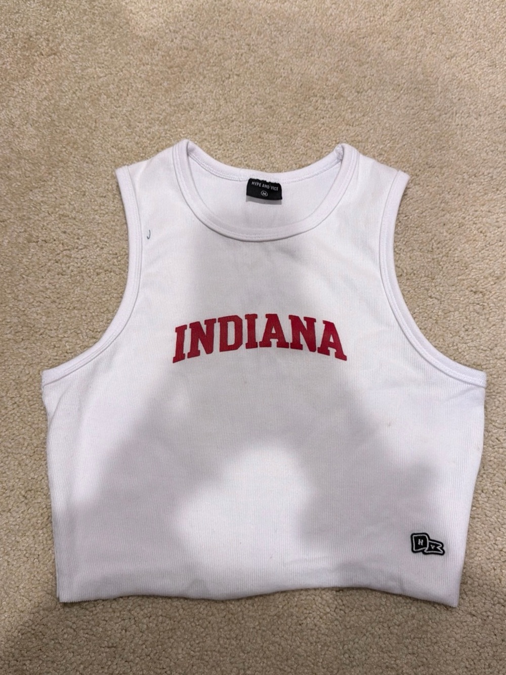 White 'Indiana' Crop Tank with Red Graphic